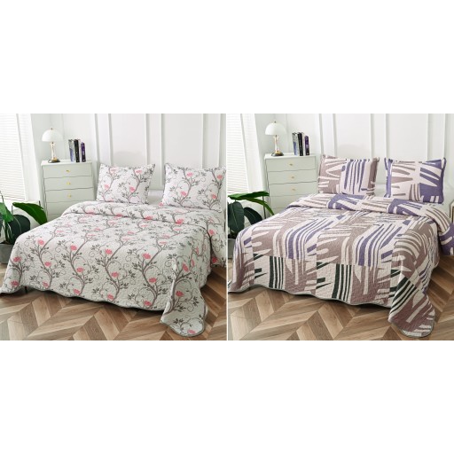 Cuvertura de pat, cu două fețe, matlasată, din bumbac, 3 piese, pat dublu, 230x250cm, cu imprimeu, CV3003