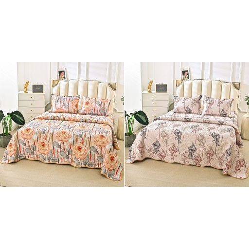 Cuvertura de pat, cu două fețe, matlasată, din bumbac, 3 piese, pat dublu, 230x250cm, cu imprimeu, CV3004