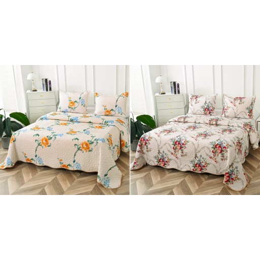 Cuvertura de pat, cu două fețe, matlasată, din bumbac, 3 piese, pat dublu, 230x250cm, cu imprimeu, CV3005