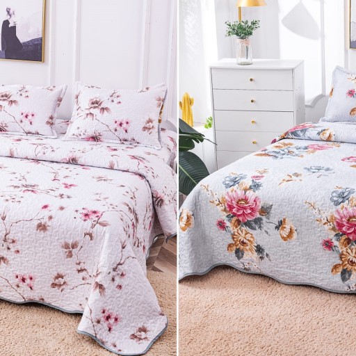 Cuvertura de pat, cu două fețe, matlasată, din bumbac, 3 piese, pat dublu, 230x250cm, cu imprimeu, CV3007