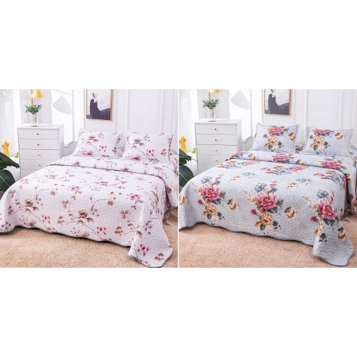 Cuvertura de pat, cu două fețe, matlasată, din bumbac, 3 piese, pat dublu, 230x250cm, cu imprimeu, CV3007