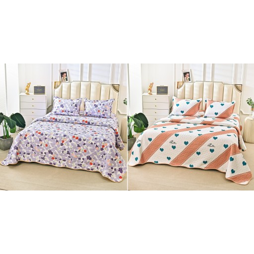 Cuvertura de pat, cu două fețe, matlasată, din bumbac, 3 piese, pat dublu, 230x250cm, cu imprimeu, CV3009