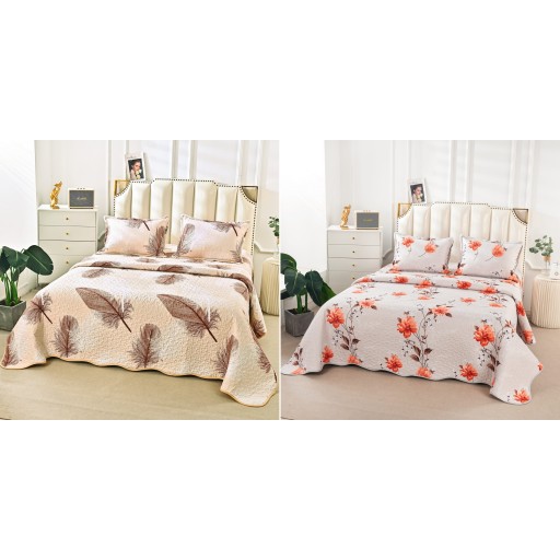 Cuvertura de pat, cu două fețe, matlasată, din bumbac, 3 piese, pat dublu, 230x250cm, cu imprimeu, CV3012