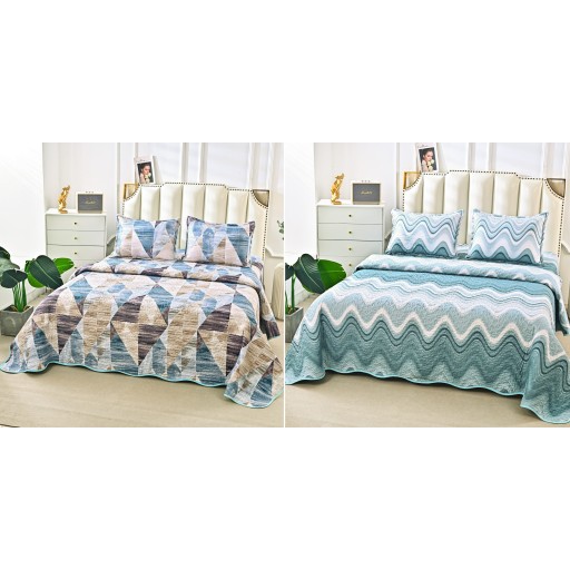 Cuvertura de pat, cu două fețe, matlasată, din bumbac, 3 piese, pat dublu, 230x250cm, cu imprimeu, CV3013