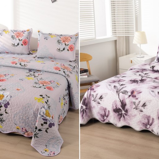 Cuvertura de pat, cu două fețe, matlasată, din bumbac, 3 piese, pat dublu, 230x250cm, cu imprimeu, CV3015