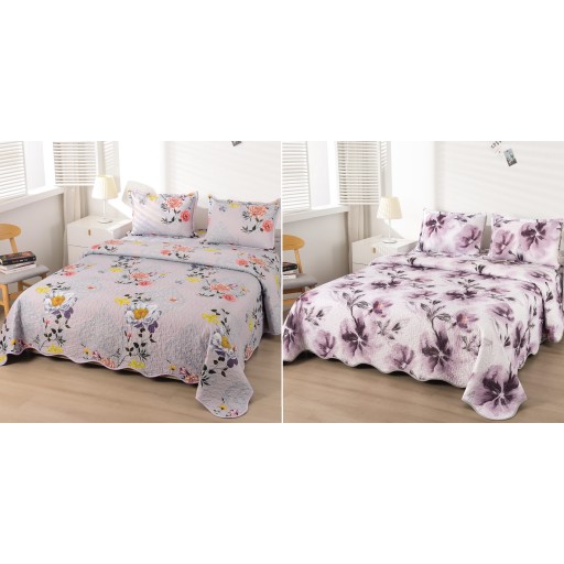 Cuvertura de pat, cu două fețe, matlasată, din bumbac, 3 piese, pat dublu, 230x250cm, cu imprimeu, CV3015