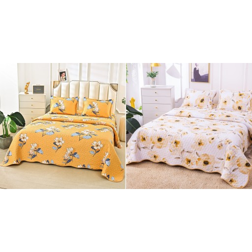 Cuvertura de pat, cu două fețe, matlasată, din bumbac, 3 piese, pat dublu, 230x250cm, cu imprimeu, CV3016