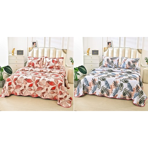 Cuvertura de pat, cu două fețe, matlasată, din bumbac, 3 piese, pat dublu, 230x250cm, cu imprimeu, CV3017