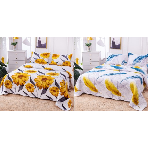 Cuvertura de pat, cu două fețe, matlasată, din bumbac, 3 piese, pat dublu, 230x250cm, cu imprimeu, CV3018