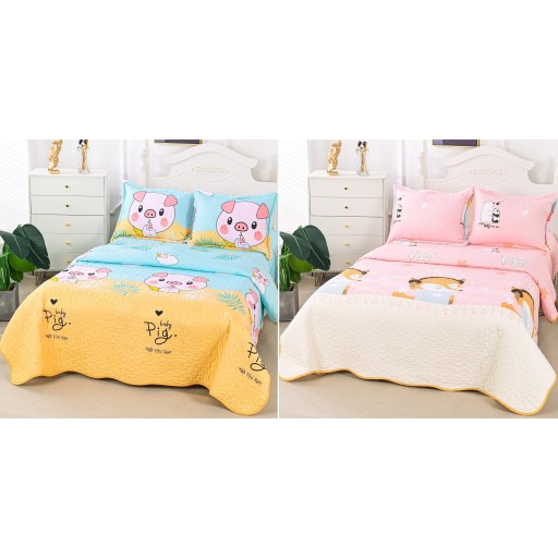 Cuvertura de pat, cu două fețe, matlasată, din bumbac, 3 piese, pat dublu, 180x220cm, cu imprimeu, CV3101