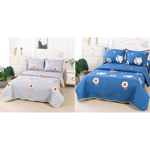 Cuvertura de pat, cu două fețe, matlasată, din bumbac, 3 piese, pat dublu, 180x220cm, cu imprimeu, CV3102