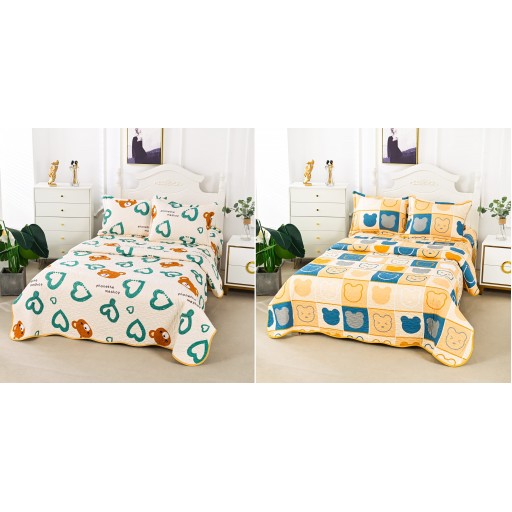 Cuvertura de pat, cu două fețe, matlasată, din bumbac, 3 piese, pat dublu, 180x220cm, cu imprimeu, CV3103