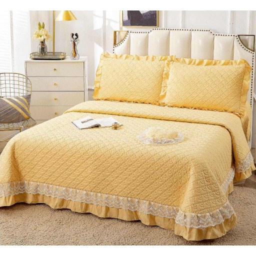 Cuvertură de pat, matlasată, bumbac satinat, 4 piese, pat dublu, 230x250cm, uni, crem deschis, CVB401