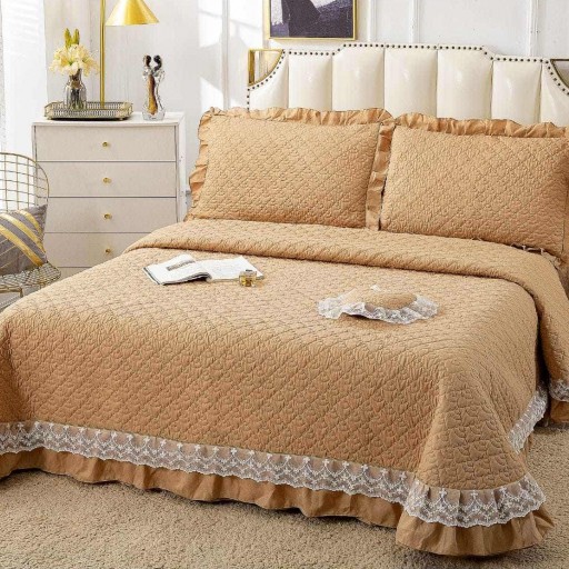 Cuvertură de pat, matlasată, bumbac satinat, 4 piese, pat dublu, 230x250cm, uni, crem închis, CVB402