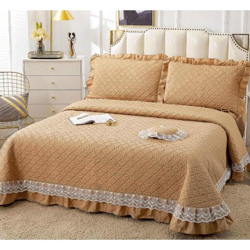 Cuvertură de pat, matlasată, bumbac satinat, 4 piese, pat dublu, 230x250cm, uni, crem închis, CVB402