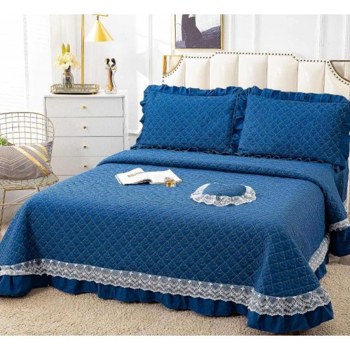 Cuvertură de pat, matlasată, bumbac satinat, 4 piese, pat dublu, 230x250cm, uni, albastru, CVB404