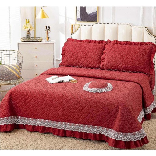 Cuvertură de pat, matlasată, bumbac satinat, 4 piese, pat dublu, 230x250cm, uni, roșu, CVB406