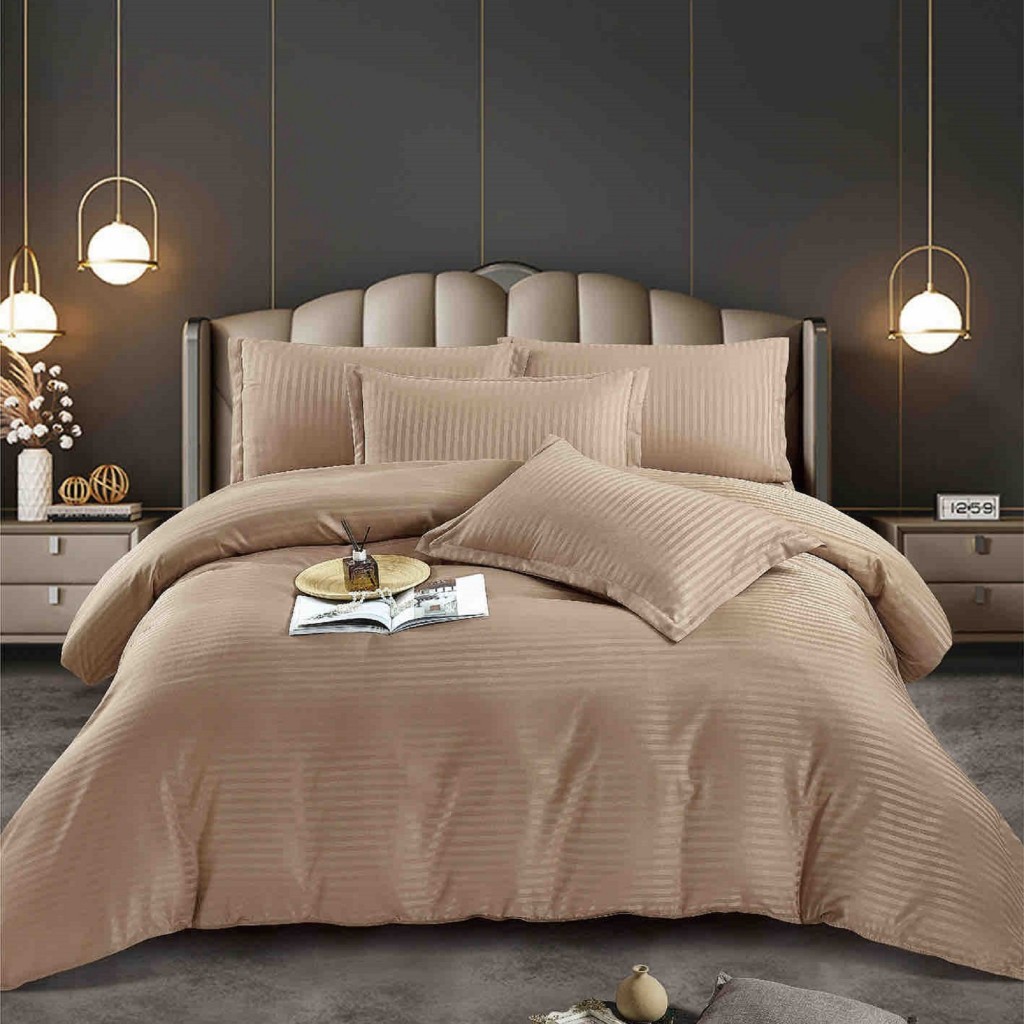 Lenjerie de pat, 1 persoana, damasc, 4 piese, UniDeluxe, crem maro, LDP04