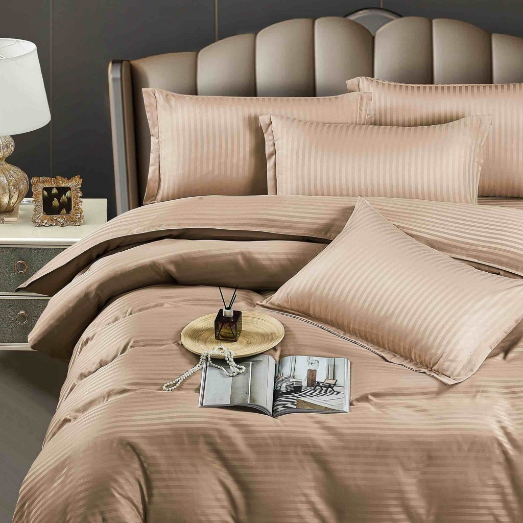 Lenjerie de pat, 1 persoana, damasc, 4 piese, UniDeluxe, crem maro, LDP04