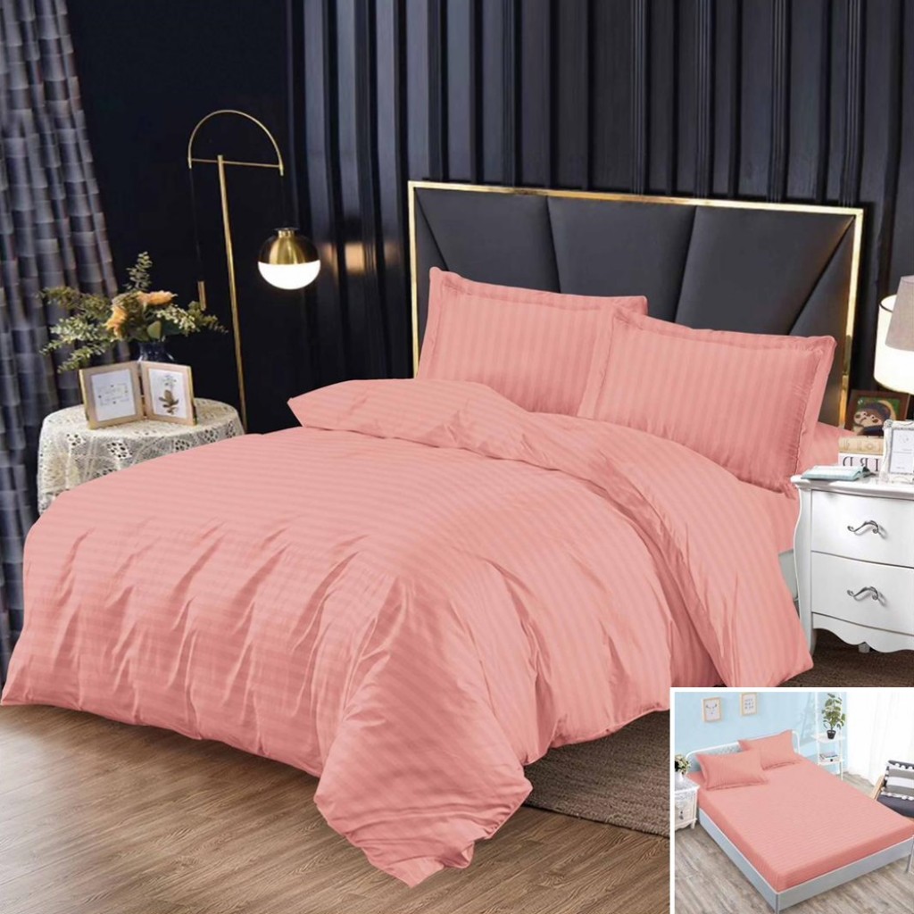 Lenjerie de pat, 1 persoană, damasc, 140x200cm, 4 piese, cu elastic, roz pudrat, LDP106