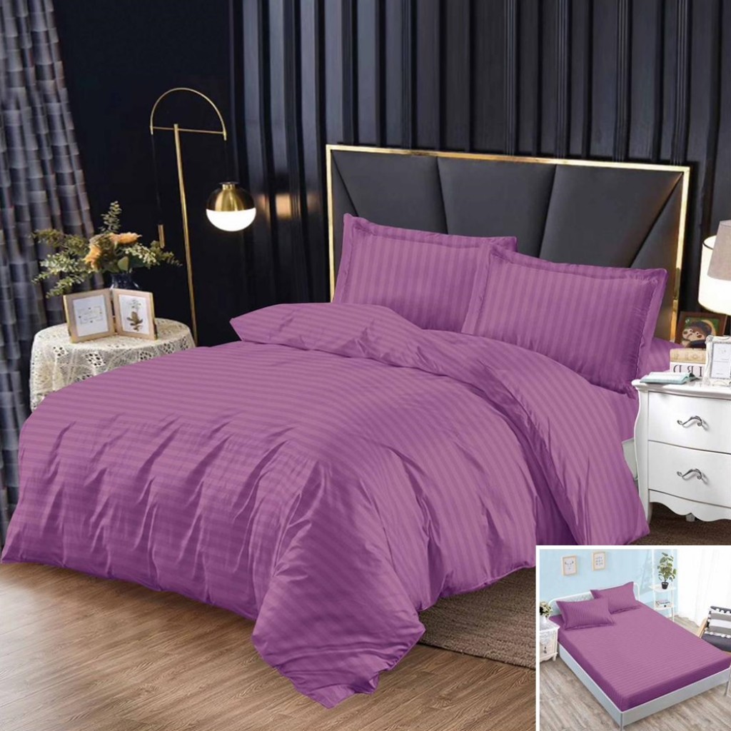 Lenjerie de pat, 1 persoană, damasc, 140x200cm, 4 piese, cu elastic, mov , LDP108