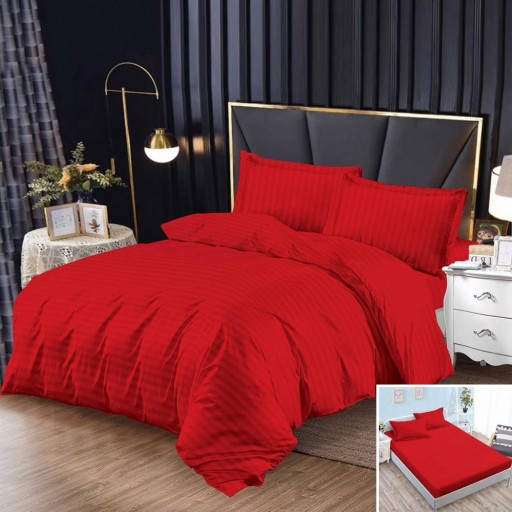 Lenjerie de pat, 1 persoană, damasc, 140x200cm, 4 piese, cu elastic, roșu , LDP109