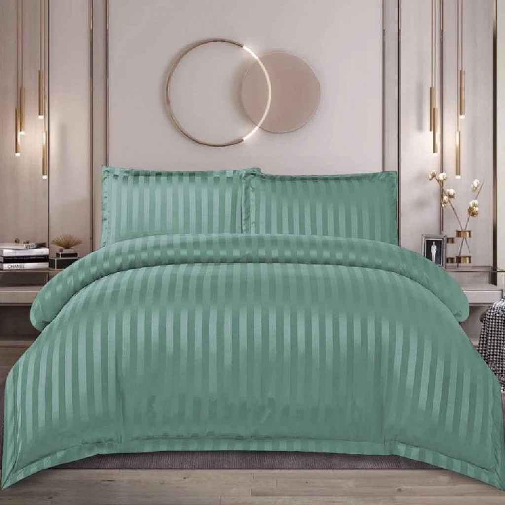 Lenjerie de pat, 2 persoane, damasc, 4 piese, cu elastic, verde , LDL412