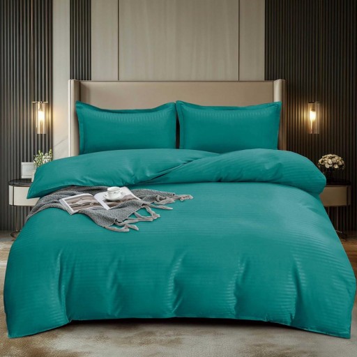 Lenjerie de pat, 2 persoane, damasc, 4 piese, cu elastic, turcoaz , LDL433