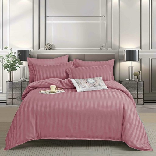 Lenjerie de pat, 2 persoane, tip damasc, 6 piese, cu elastic, culoare roz închis, LDA271