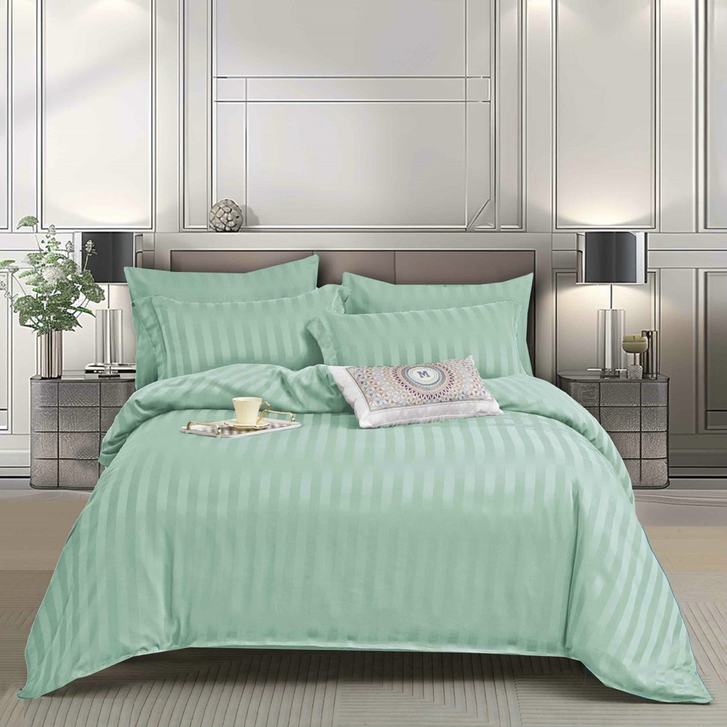 Lenjerie de pat, 2 persoane, tip damasc, 6 piese, cu elastic, culoare verde deschis, LDA272
