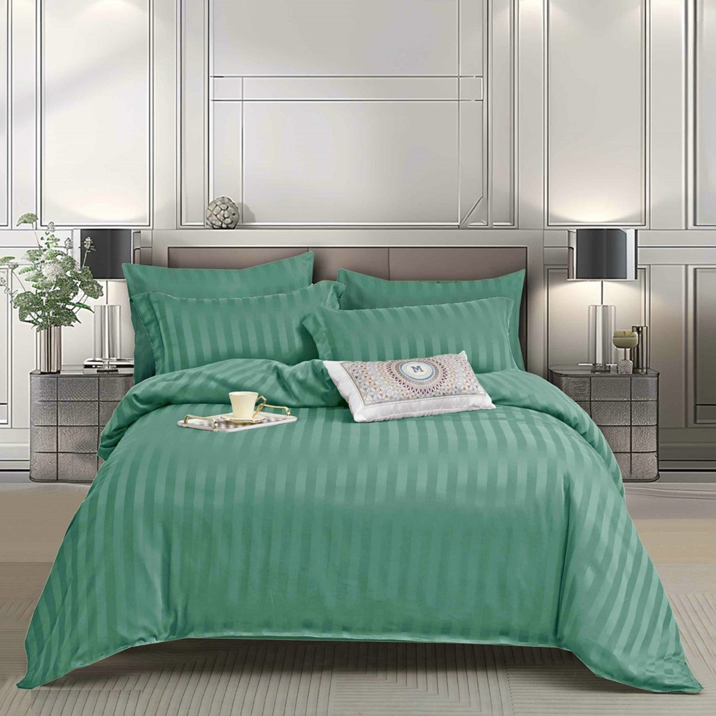 Lenjerie de pat, 2 persoane, tip damasc, 6 piese, cu elastic, culoare verde , LDA273