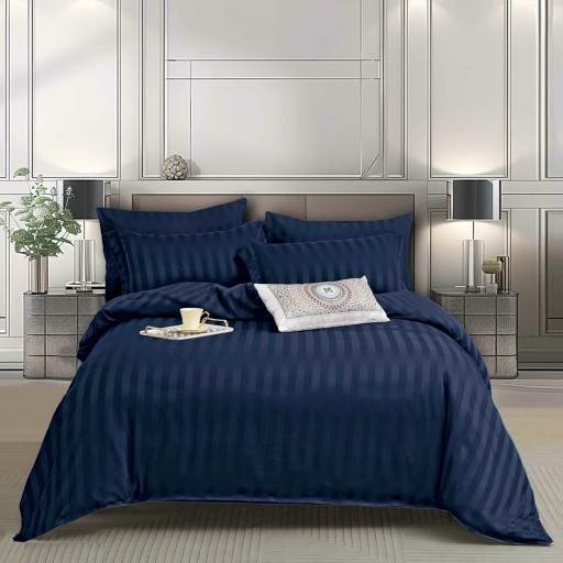 Lenjerie de pat, 2 persoane, tip damasc, 6 piese, cu elastic, culoare albastru închis, LDA275