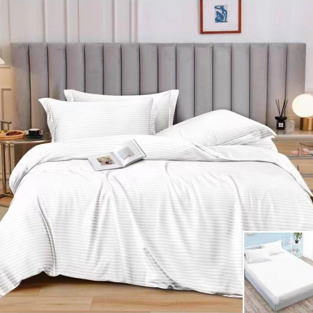 Lenjerie de pat, 2 persoane, damasc, 6 piese, cu elastic, alb , LDA351