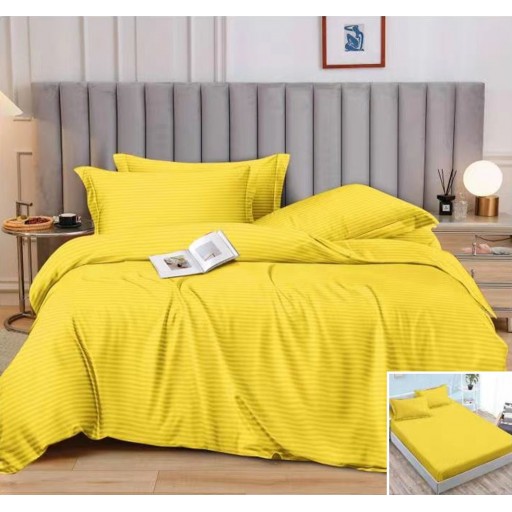 Lenjerie de pat, 2 persoane, damasc, 6 piese, cu elastic, galben , LDA355