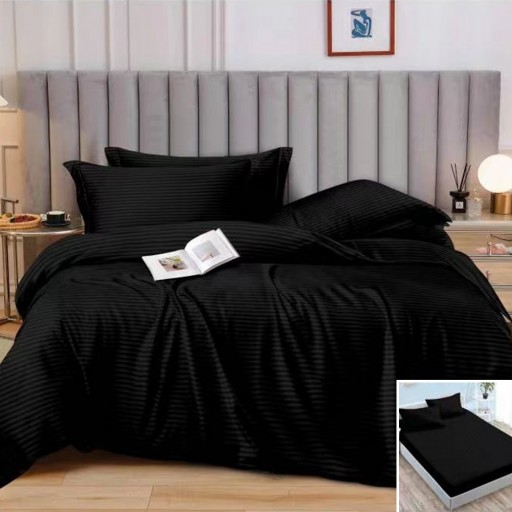 Lenjerie de pat, 2 persoane, damasc, 6 piese, cu elastic, negru , LDA360