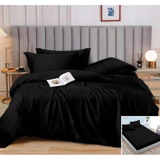 Lenjerie de pat, 2 persoane, damasc, 6 piese, cu elastic, negru , LDA360