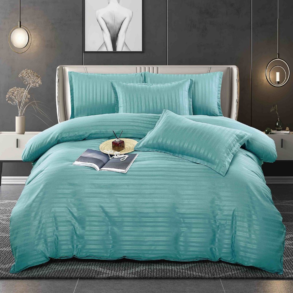 Lenjerie de pat, 2 persoane, damasc, 6 piese, linii late și înguste, bleu , LDA407