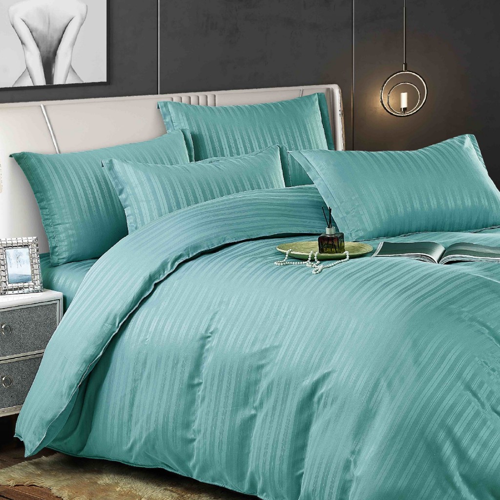 Lenjerie de pat, 2 persoane, damasc, 6 piese, linii late și înguste, bleu , LDA407