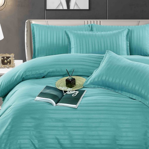 Lenjerie de pat, 2 persoane, damasc, 6 piese, linii late și înguste, bleu , LDA407