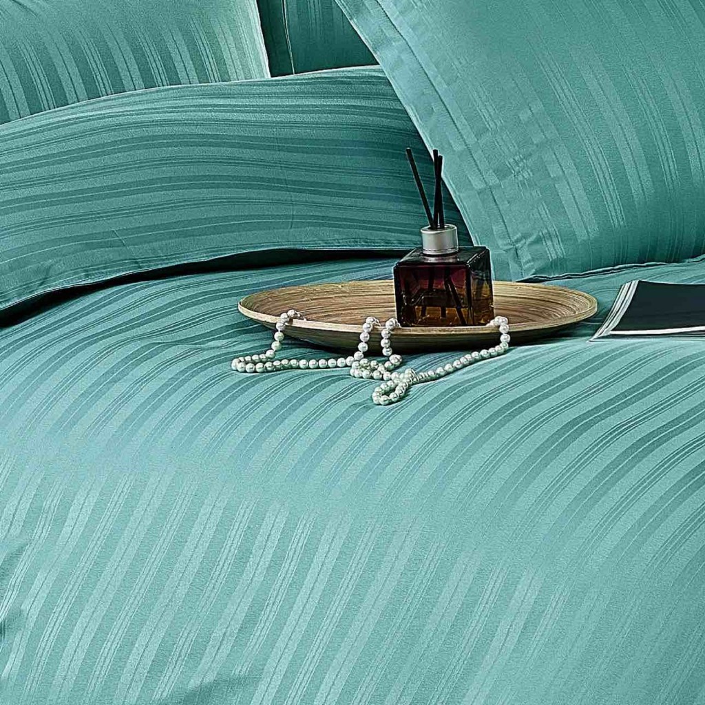 Lenjerie de pat, 2 persoane, damasc, 6 piese, linii late și înguste, bleu , LDA407