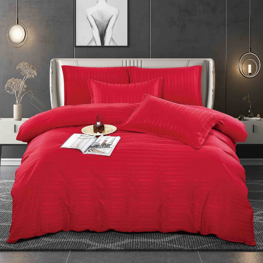 Lenjerie de pat, 2 persoane, damasc, 6 piese, linii late și înguste, rosu , LDA409
