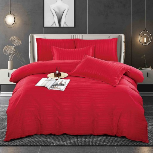 Lenjerie de pat, 2 persoane, damasc, 6 piese, linii late și înguste, rosu , LDA409