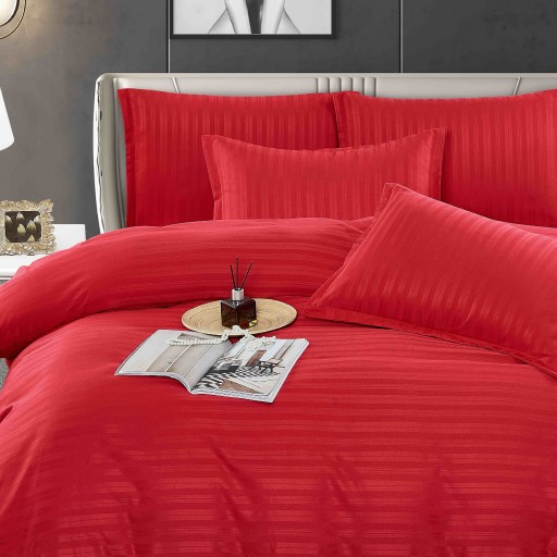 Lenjerie de pat, 2 persoane, damasc, 6 piese, linii late și înguste, rosu , LDA409