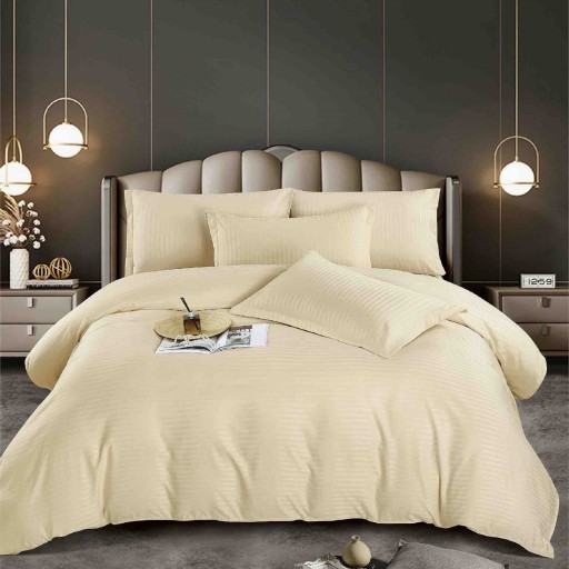 Lenjerie de pat, 2 persoane, damasc, 6 piese, cu elastic, UniDeluxe, crem deschis, LDA252