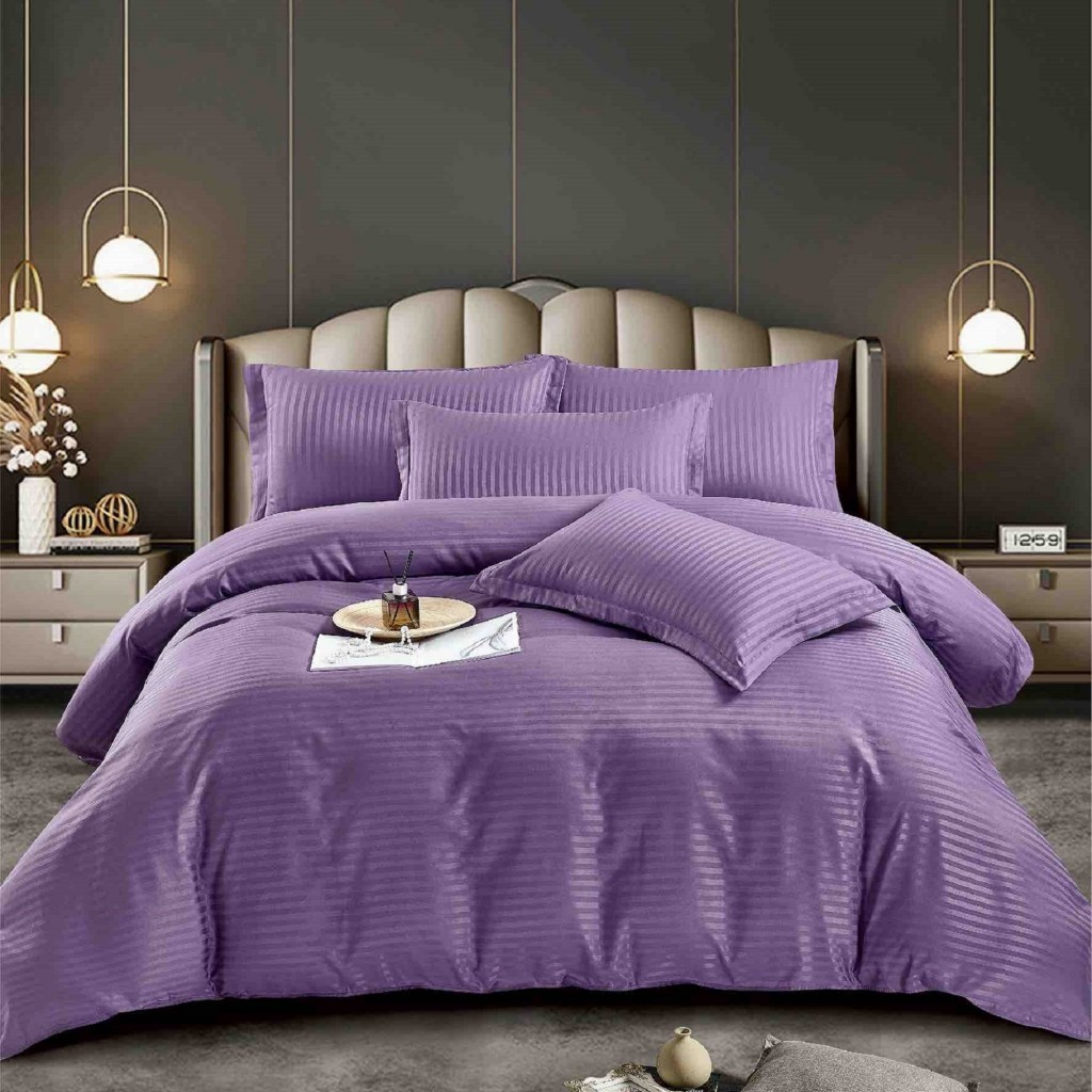 Lenjerie de pat, 2 persoane, damasc, 6 piese, cu elastic, UniDeluxe, mov , LDA260