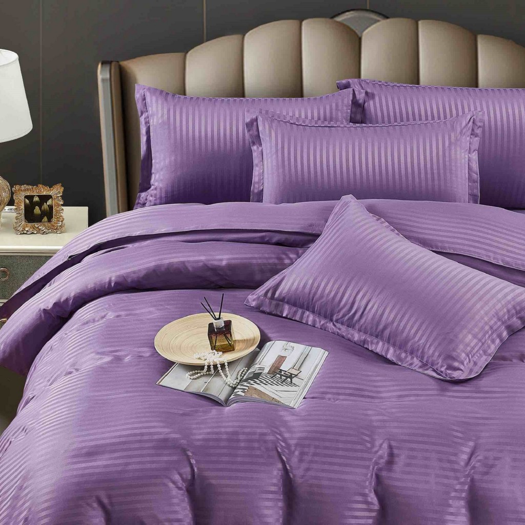 Lenjerie de pat, 2 persoane, damasc, 6 piese, cu elastic, UniDeluxe, mov , LDA260