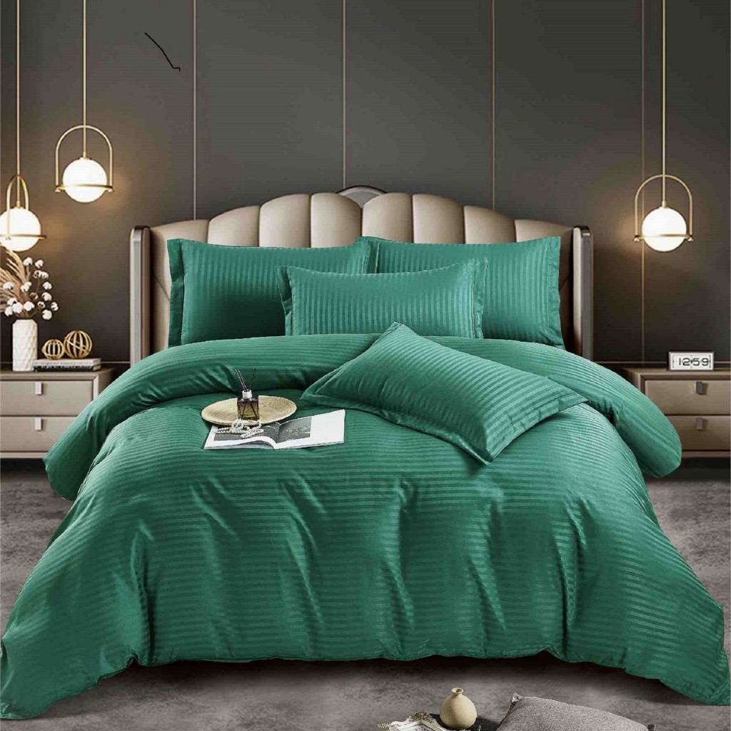 Lenjerie de pat, 2 persoane, damasc, 6 piese, cu elastic, UniDeluxe, verde , LDA261