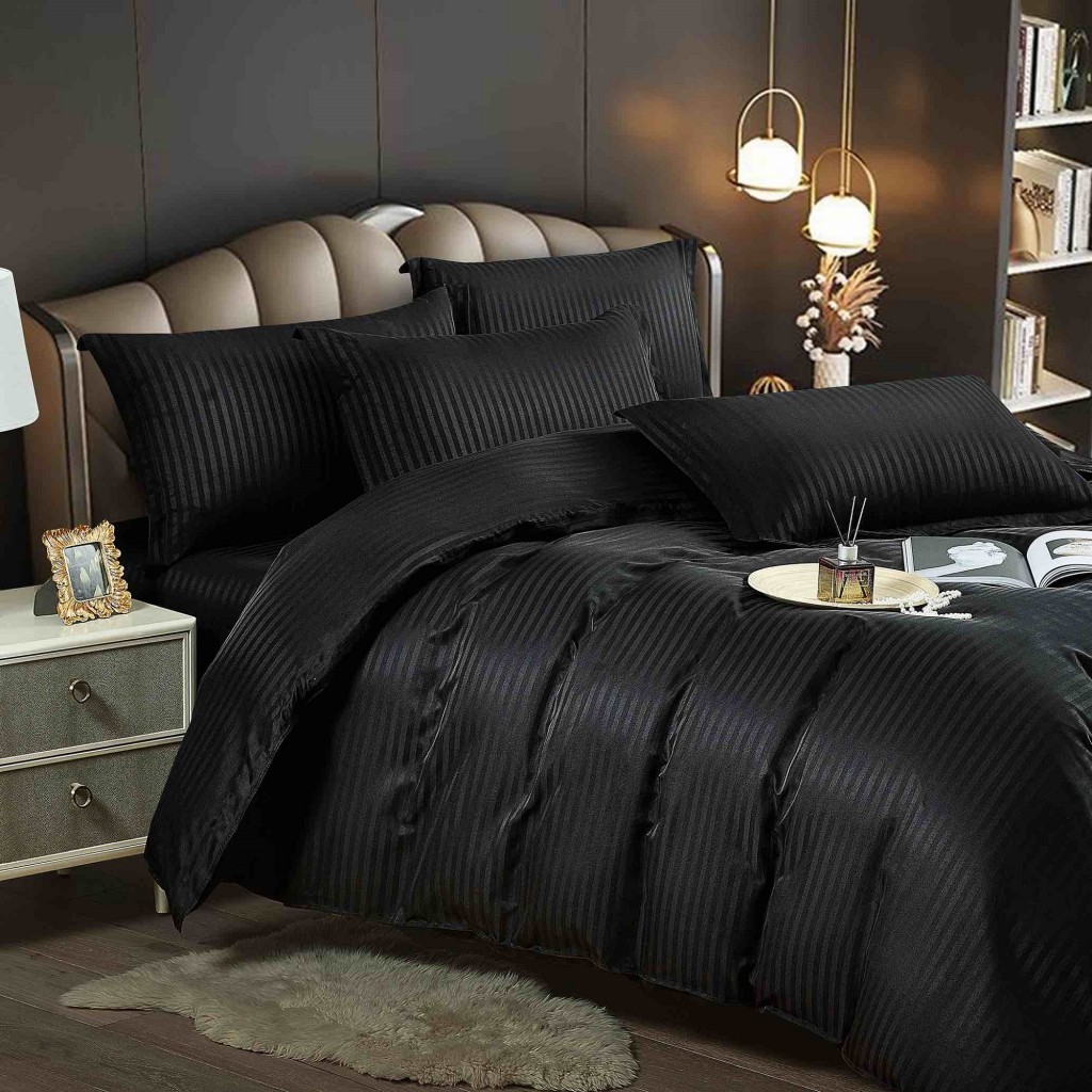 Lenjerie de pat, 2 persoane, damasc, 6 piese, cu elastic, UniDeluxe, negru , LDA262