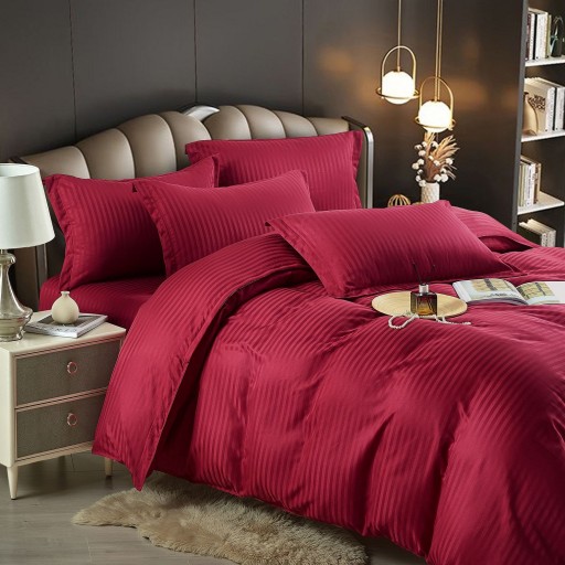 Lenjerie de pat, 2 persoane, damasc, 6 piese, cu elastic, UniDeluxe, rosu , LDA263