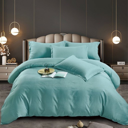 Lenjerie de pat, 2 persoane, damasc, 6 piese, cu elastic, UniDeluxe, bleu , LDA264